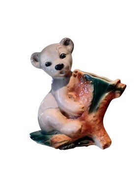 Vintage Royal Copley Grey Bear in A Tree Planter Vase 1950s